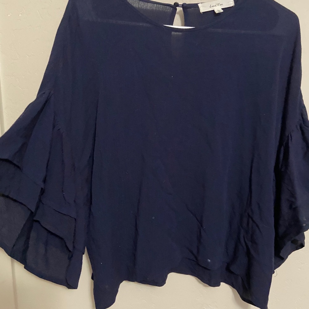 Navy Blouse W/ Flowly Sleeves